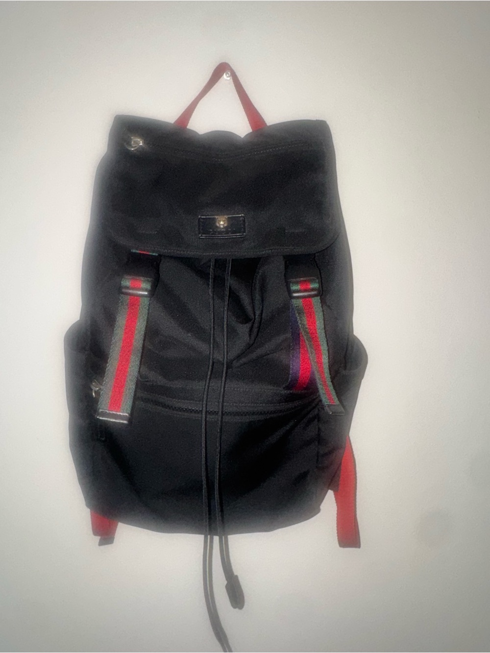 Gucci Black Canvas Backpack with Red and Green Stripe Accents